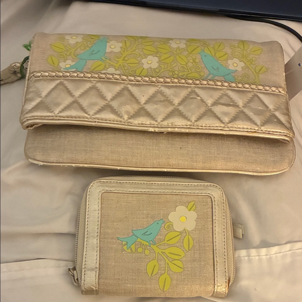 Vera Bradley Beige Clutch and Wallet with Blue Bird Design